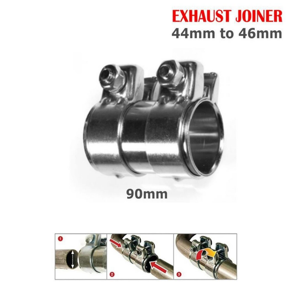 Heavy Duty Adjustable Car Exhaust Pipe Connector Joiner Clamp - 44mm to 46mm, 90mm