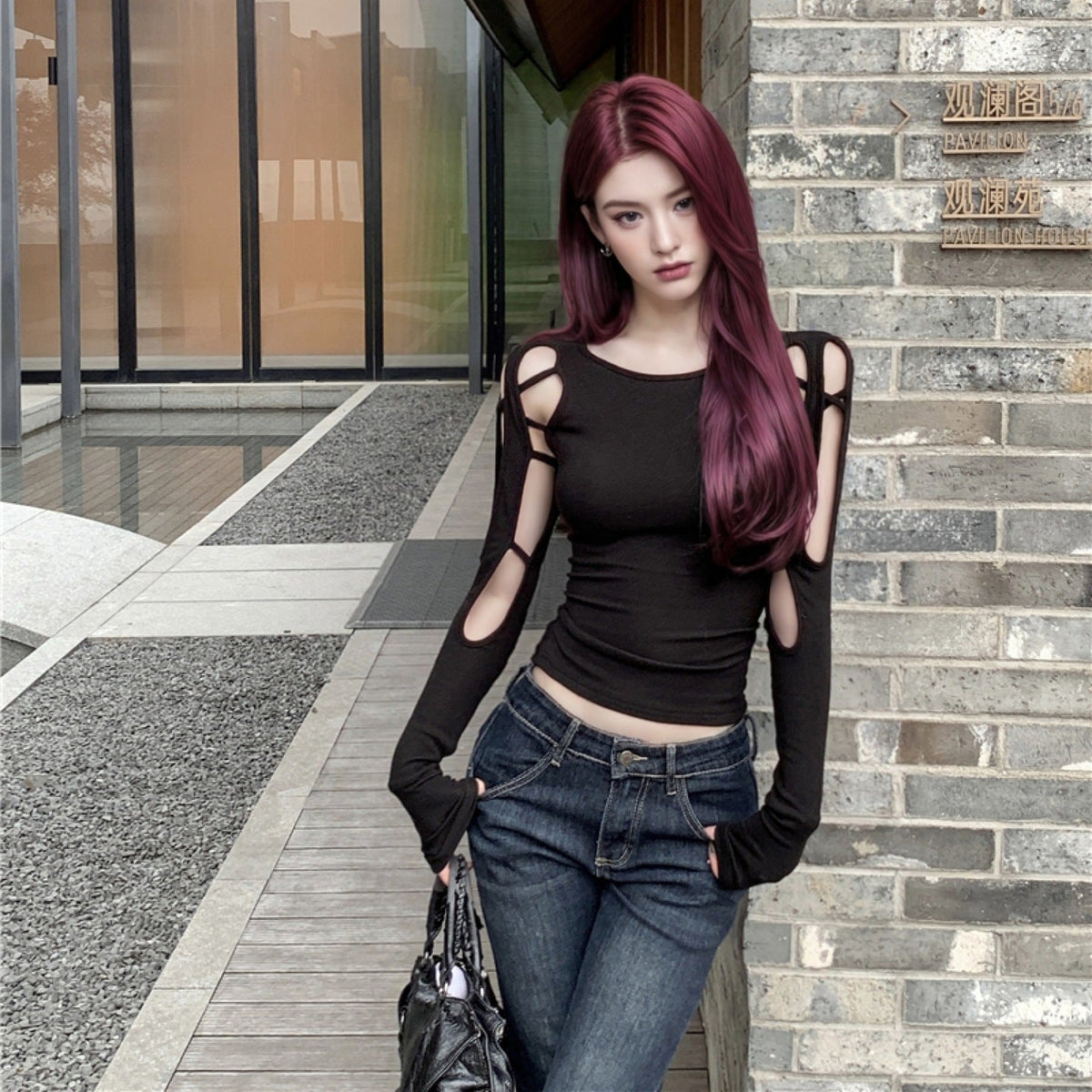Long-sleeved Off-shoulder Cropped Hollow-out Women's Black T-shirt