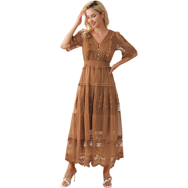 Lace V-neck Patchwork Dress Women