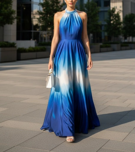 Ombre Halter Backless Maxi Dress-Elegant Blue Gradient Evening Gown