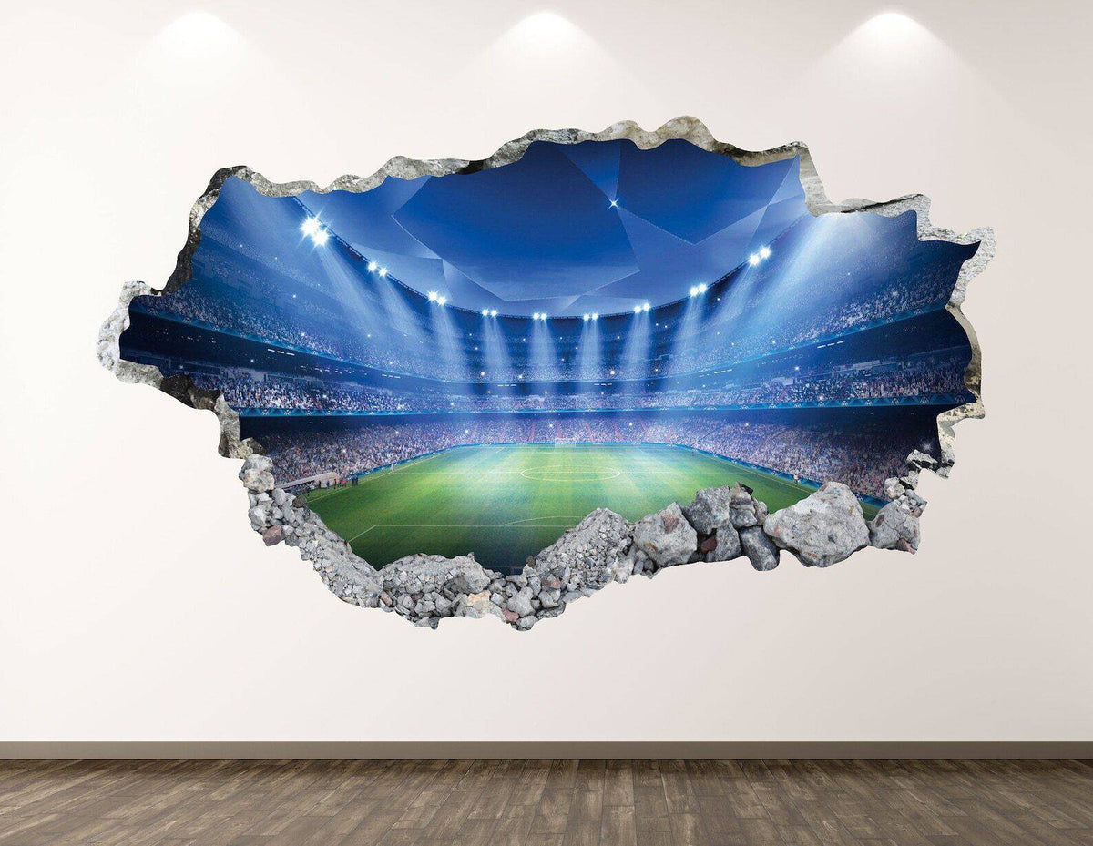Soccer Stadium Wall Decal - Sports 3D Smashed Wall Art Sticker Kids Room Decor