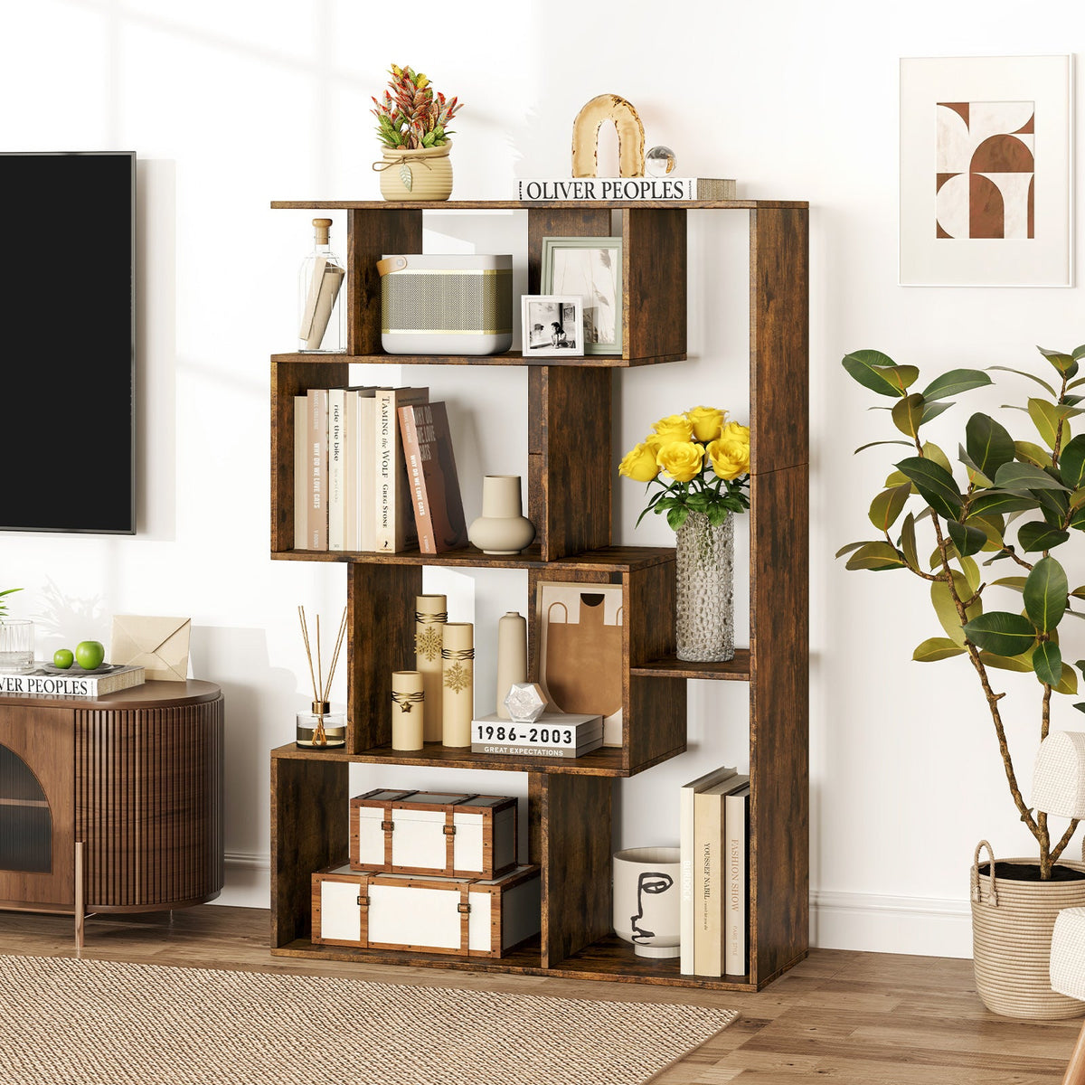 6-Cube Open-back Geometric Bookshelf with Anti-tip Kits-Black