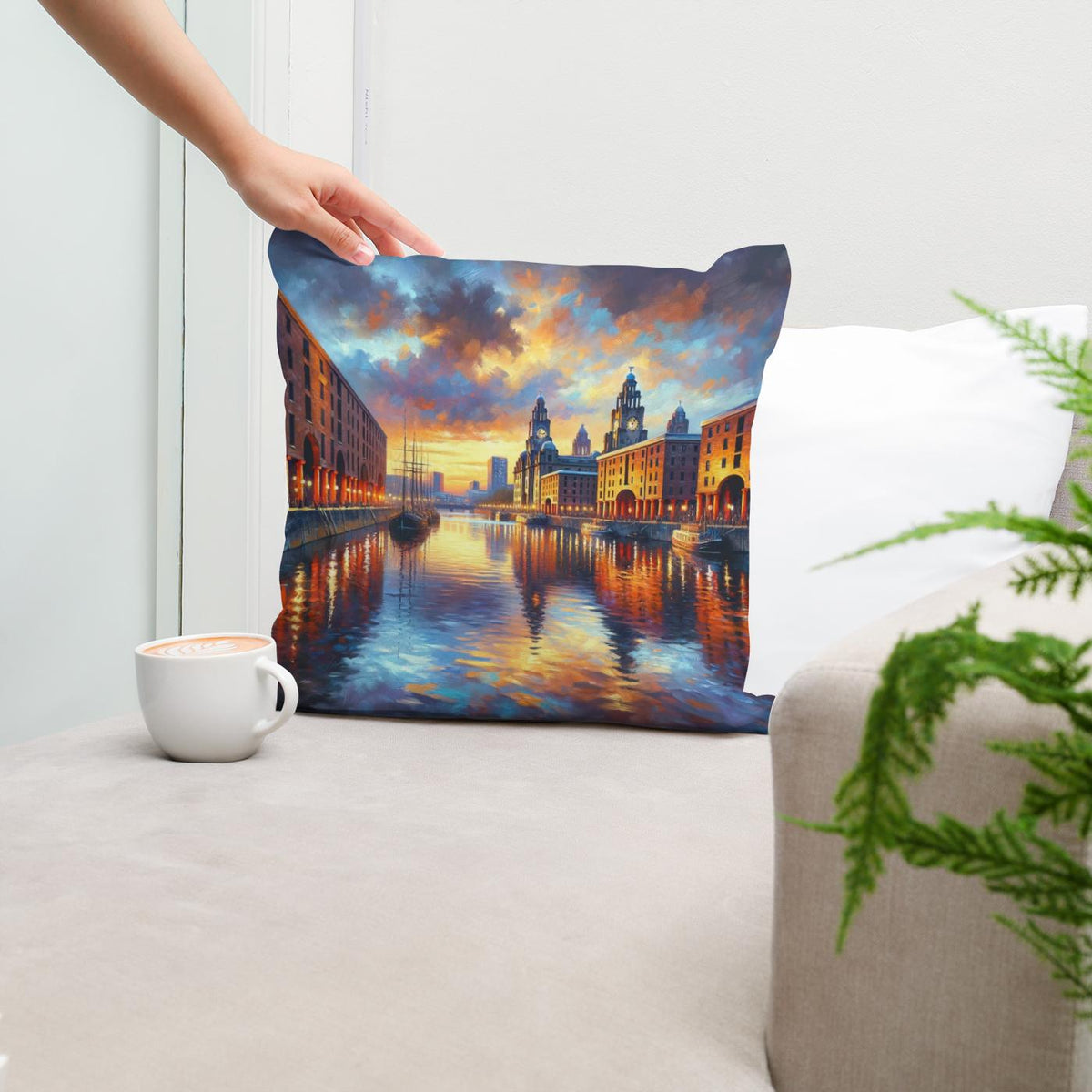 Liverpool Albert Dock Dusk Impression Cotton Cushion