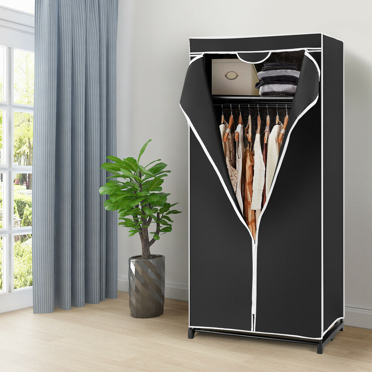 Single Canvas Wardrobe with Dust-proof Cover-Black