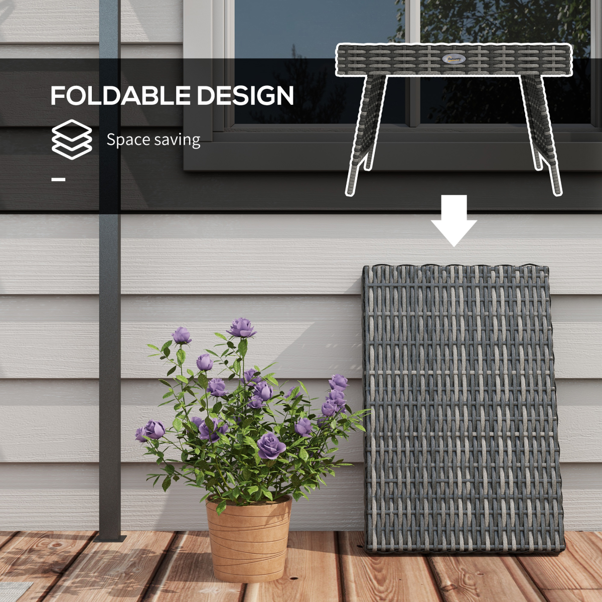 Outsunny Foldable Outdoor Coffee Table, Metal Frame Rattan Side Table, Grey