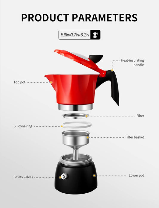Stovetop Coffee Maker Italian Espresso Moka Pot Transparent Lid Red TWOMEOW