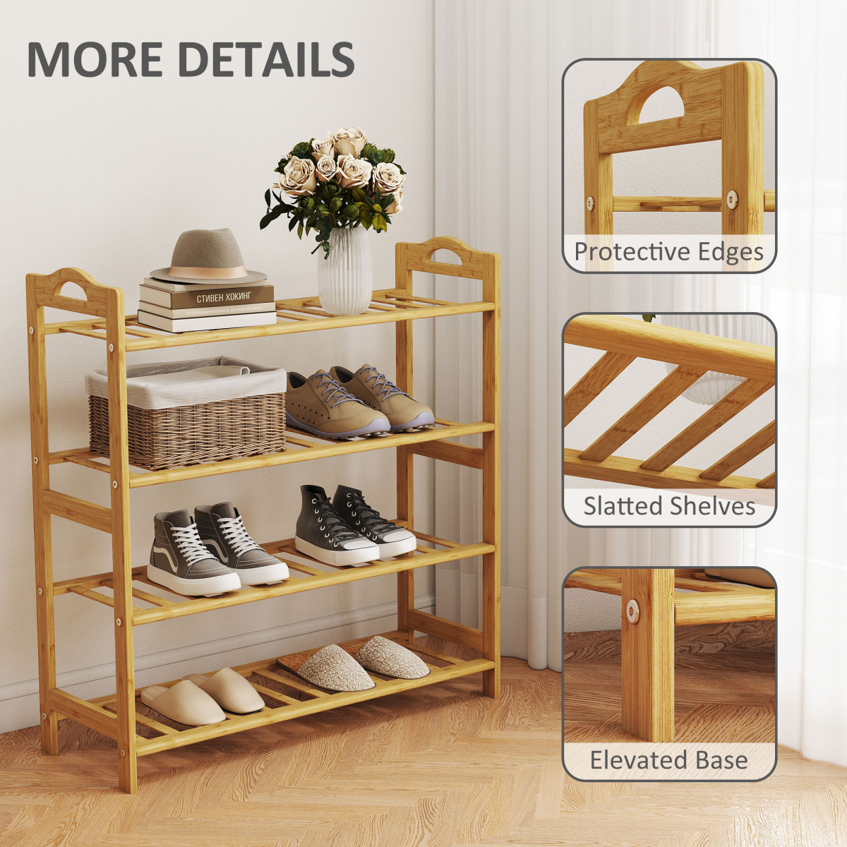 HOMCOM 4-Tier Shoe Rack, Bamboo Shoe Shelf Stand, Natural Wood Finish