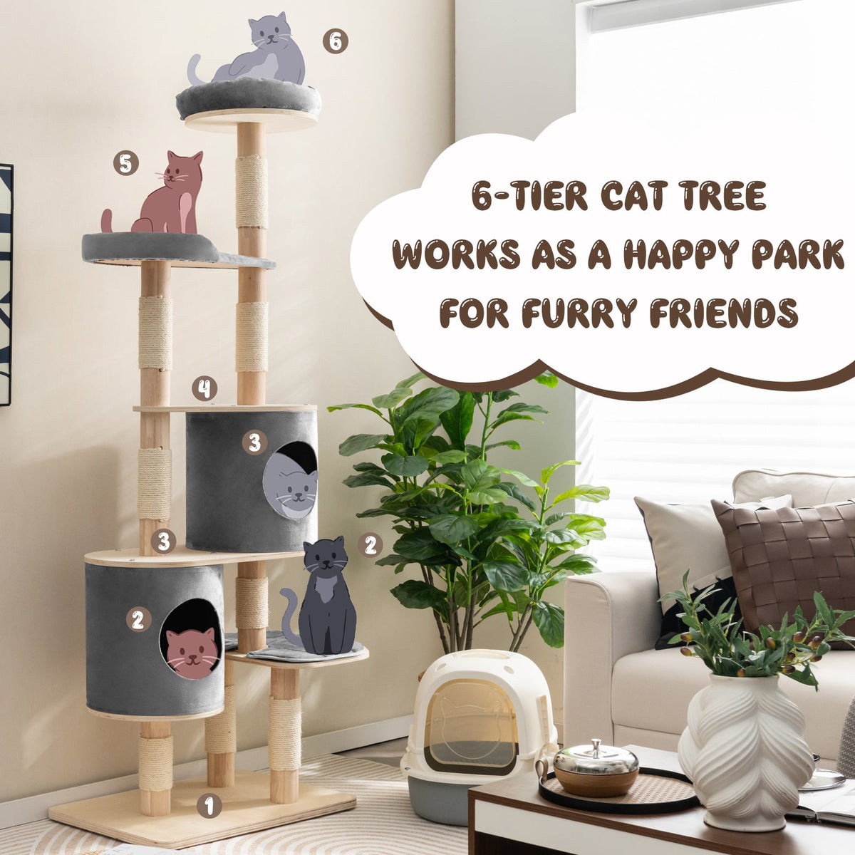 6-Tier Cat Tree Rubber Wood Cat Tower with Sisal Scratching Post-Brown