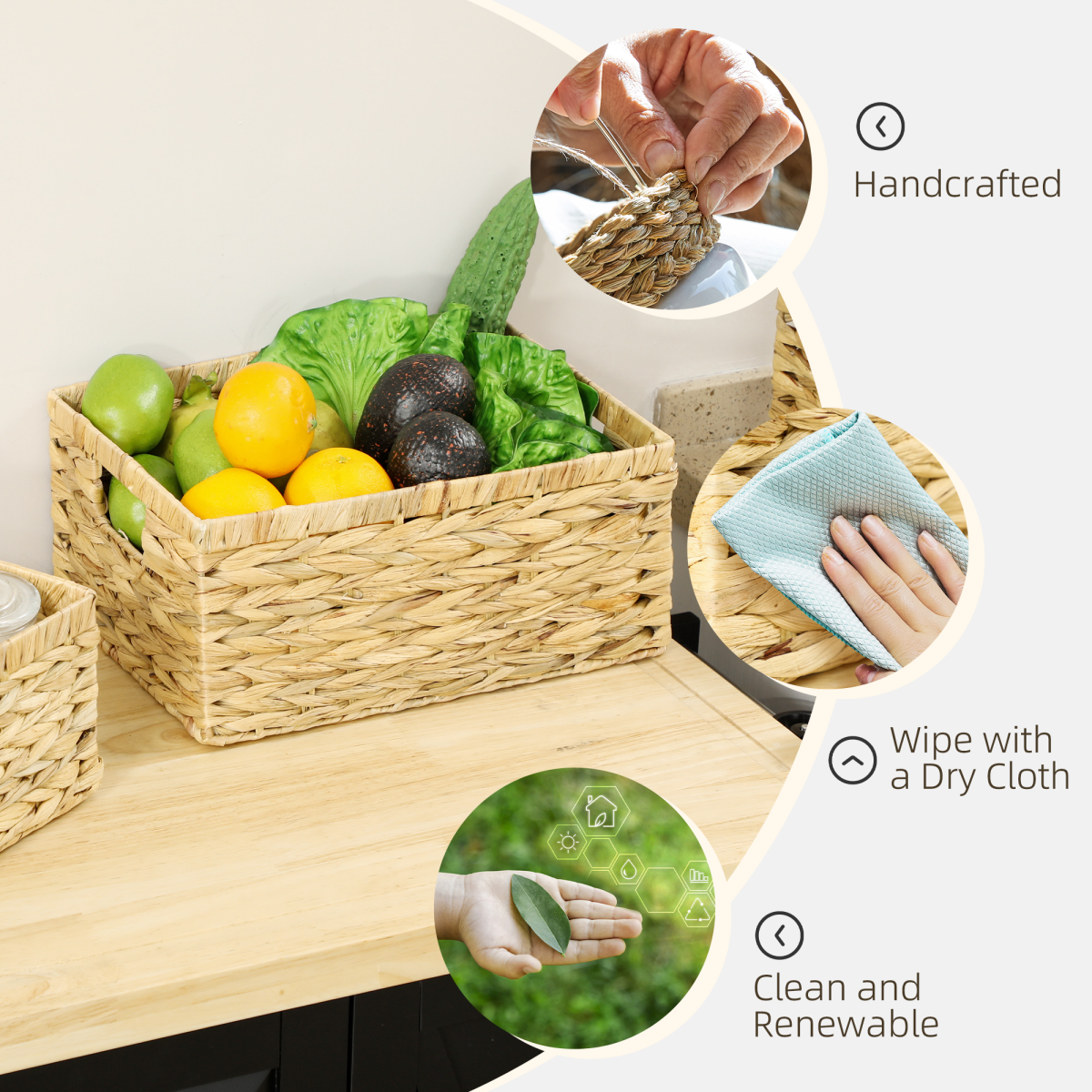 HOMCOM Set of 3 Wicker Storage Baskets, Woven Baskets with Handles, Natural