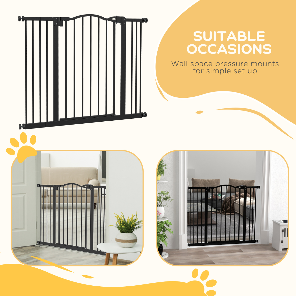 PawHut 74-100cm Adjustable Metal Pet Gate Safety Barrier w/ Auto-Close Black