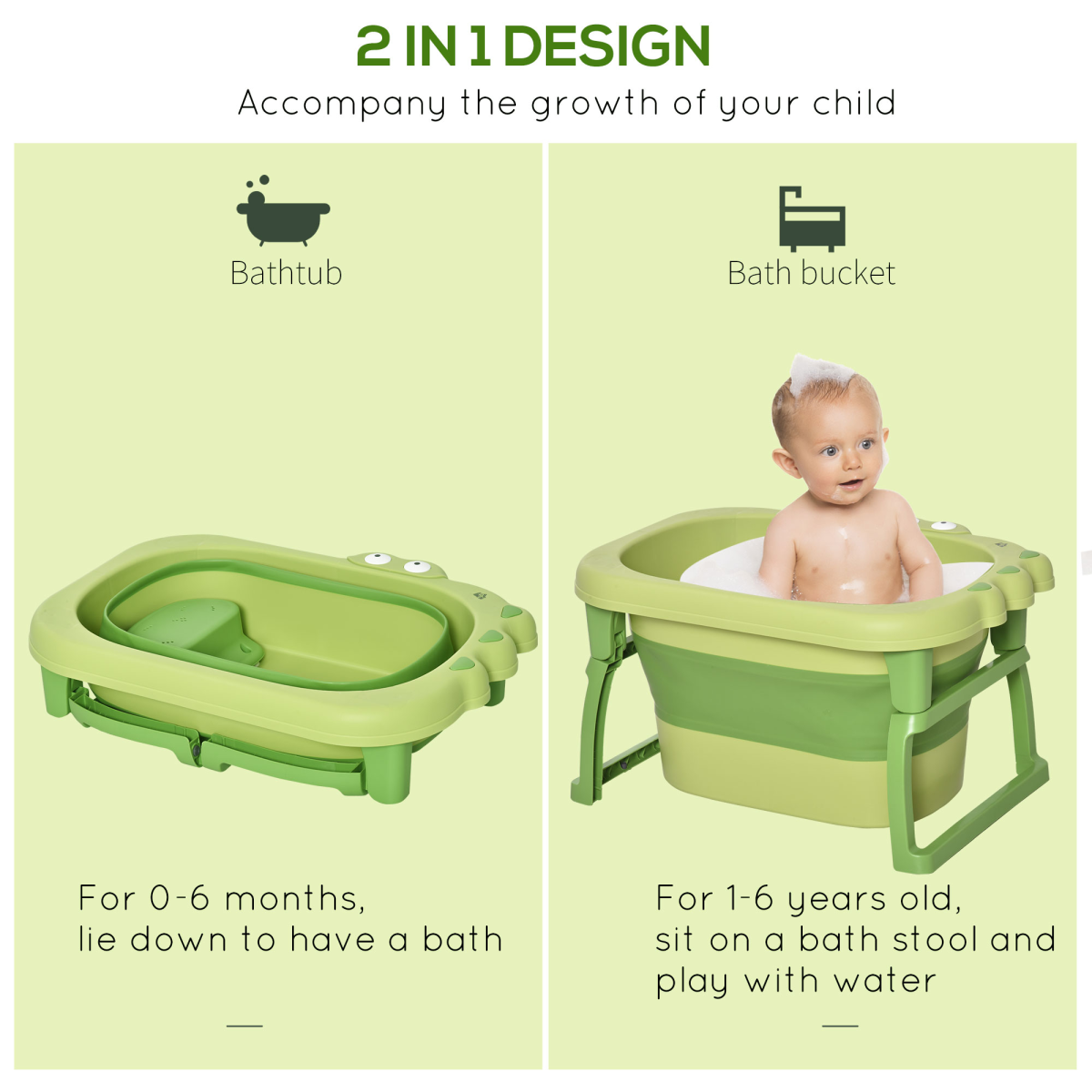 Foldable Baby Bathtub for Newborns Infants Toddlers w/ Stool - Green