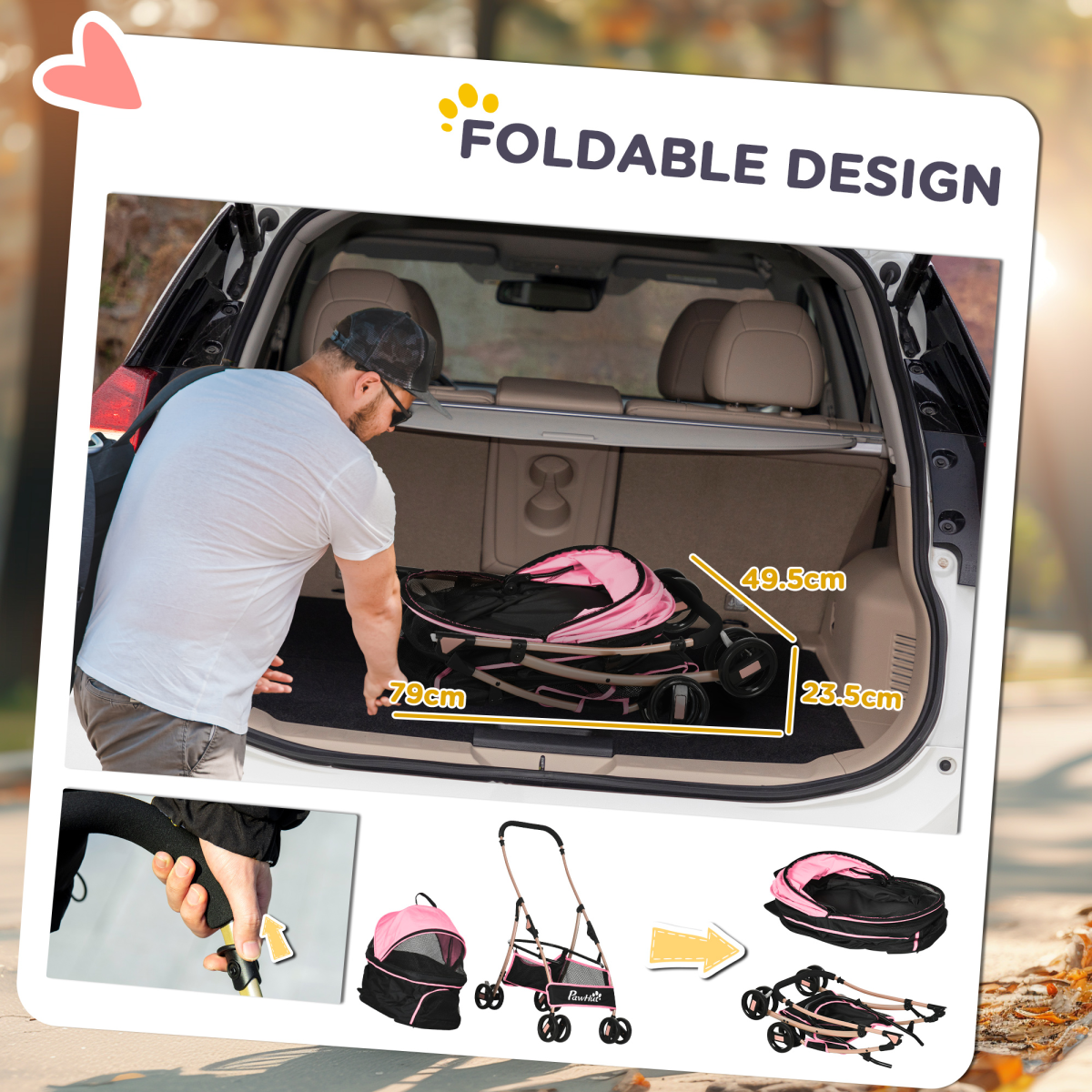 PawHut 3 In 1 Pet Stroller, Detachable Dog Cat Travel Carriage - Pink