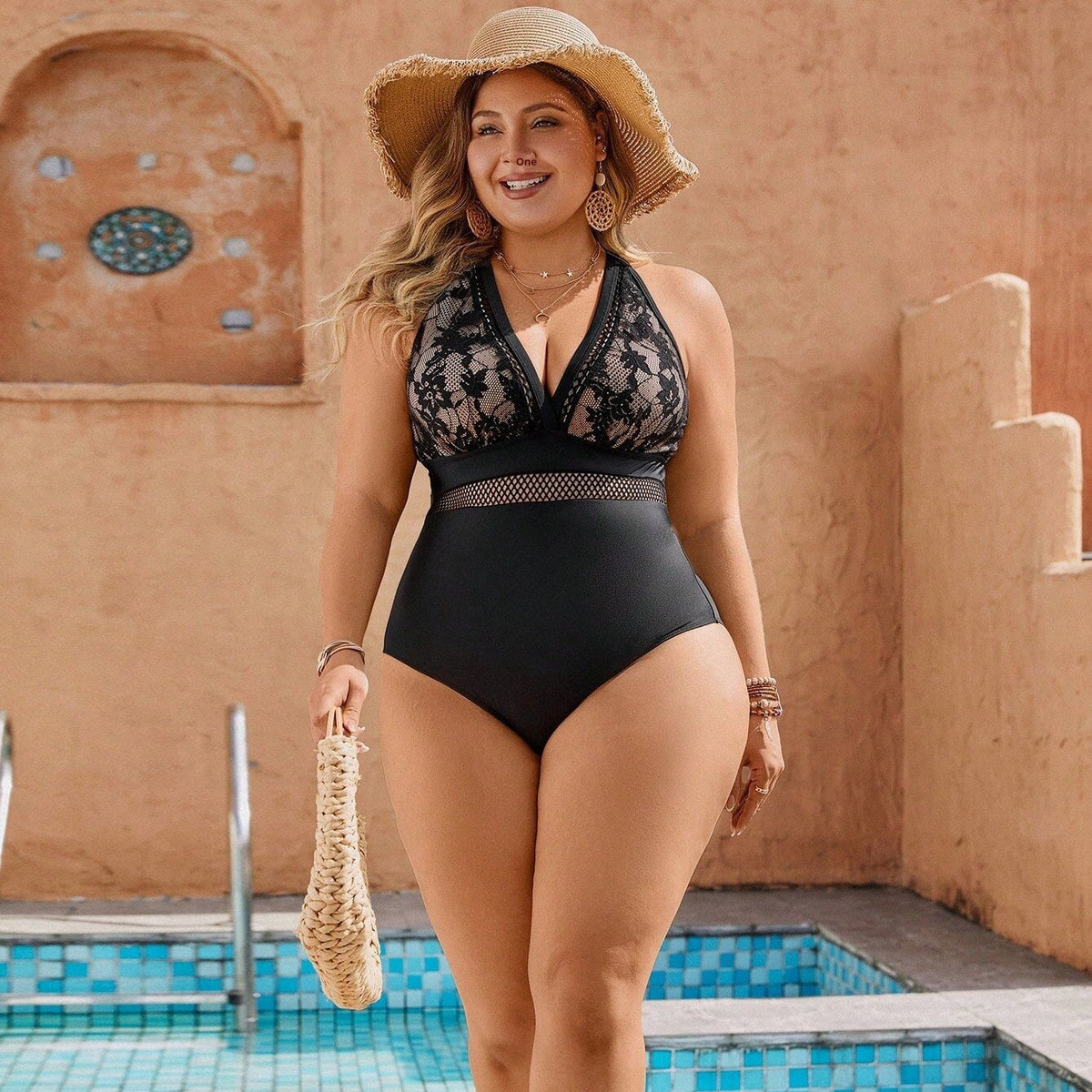 Black Lace Pattern One Piece Swimsuit