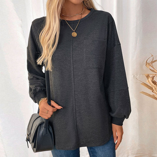 Round Neck Mid-length Solid Color Hoodie Women