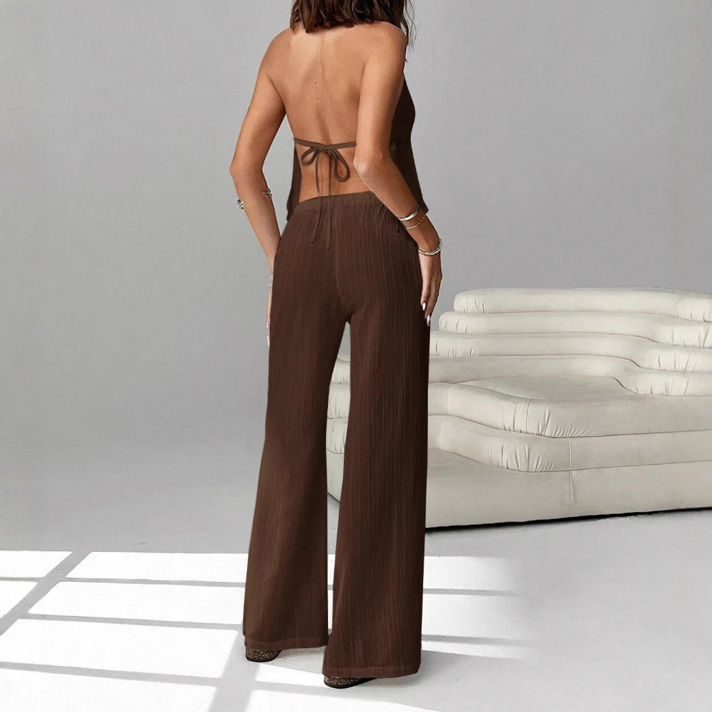 Halterneck Strap Sexy Backless Sleeveless Tank Top And Slim-fit Set