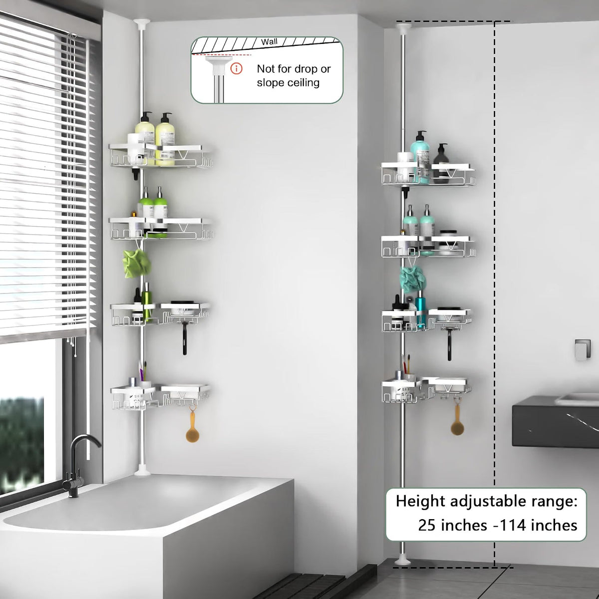 Corner Shower Caddy 25-114 Inch Telescopic 4 Basket No Drill Rustproof Silver Rack