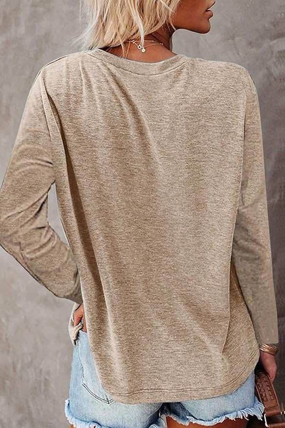 Womens Long Sleeve Shirts Crew Neck Solid Casual Basic Tops Cotton 65%