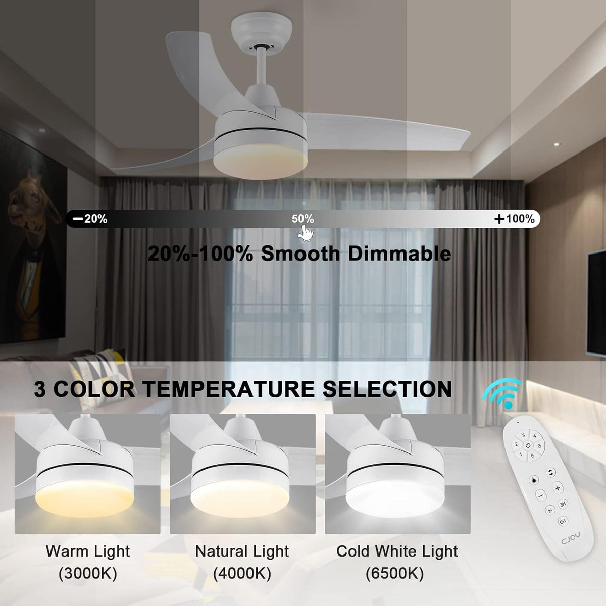 Ceiling Fan With Lights 42 Inch Dimmable Remote DC Reversible CJOY