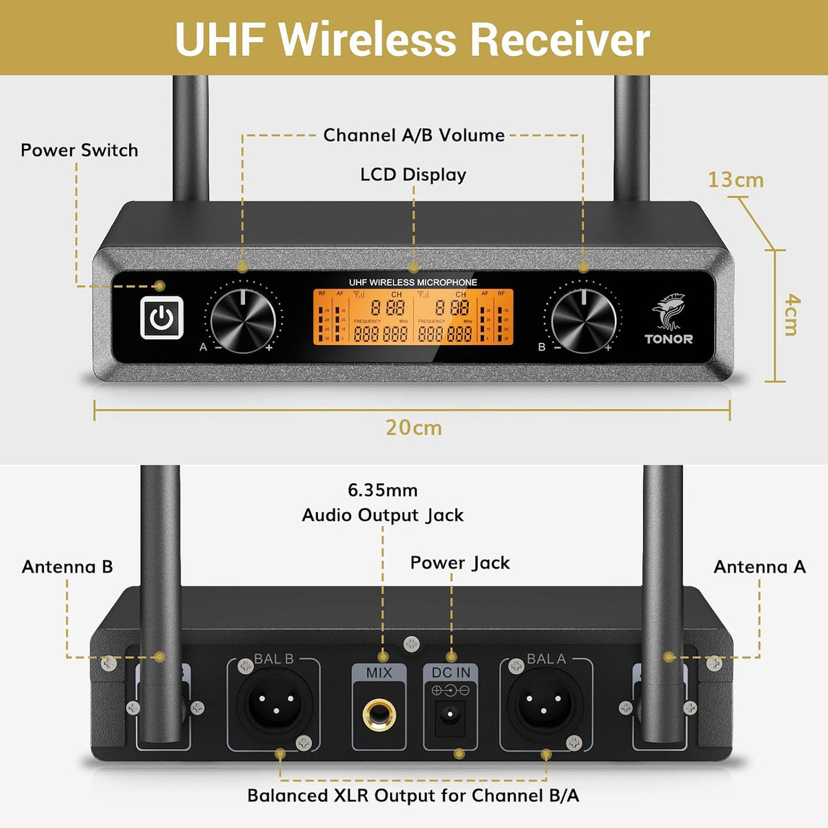 Wireless Microphone System UHF Headset Lavalier 60m 10 Channel TONOR