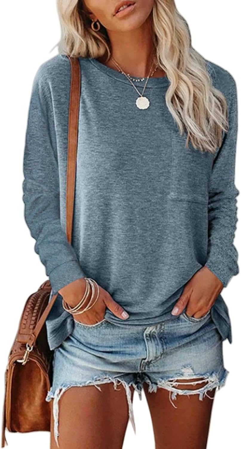 Womens Long Sleeve Shirts Crew Neck Solid Casual Basic Tops Cotton 65%