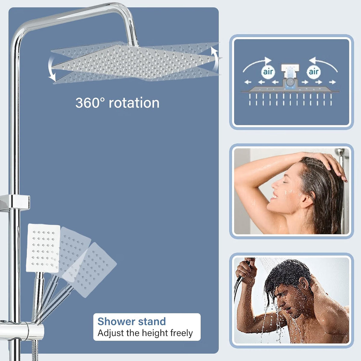 Thermostatic Shower Mixer Set 8" Rainfall Head Chrome - Riser Pipe Missing