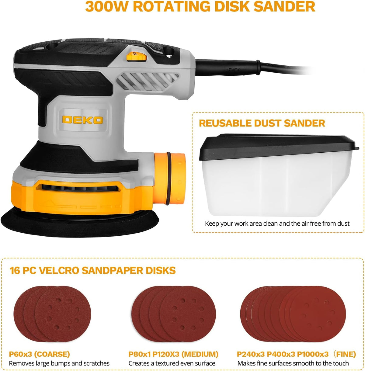 Random Orbit Sander 300W 125mm Variable Speed 14000RPM DEKOPRO