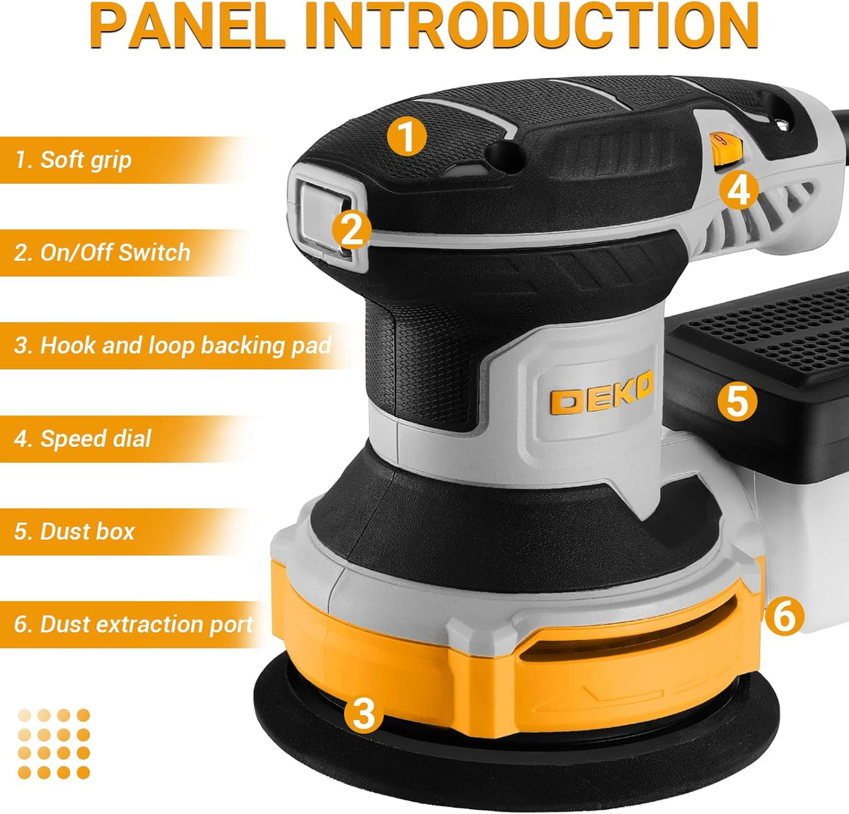Random Orbit Sander 300W 125mm Variable Speed 14000RPM DEKOPRO