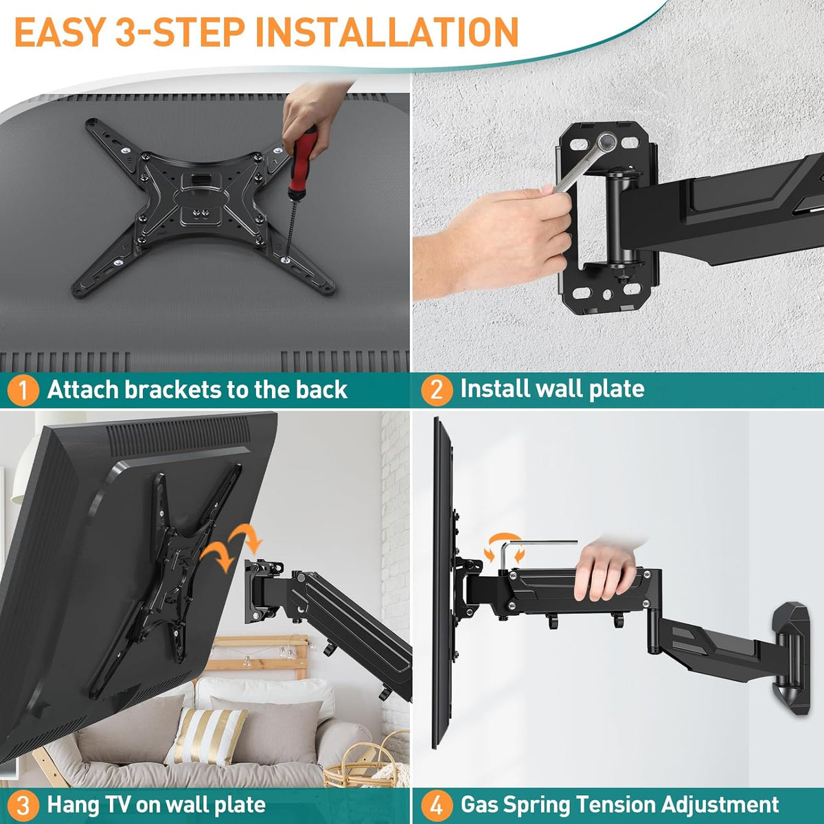 TV Wall Bracket 23-55 Inch Full Motion Gas Spring Mount ELIVED