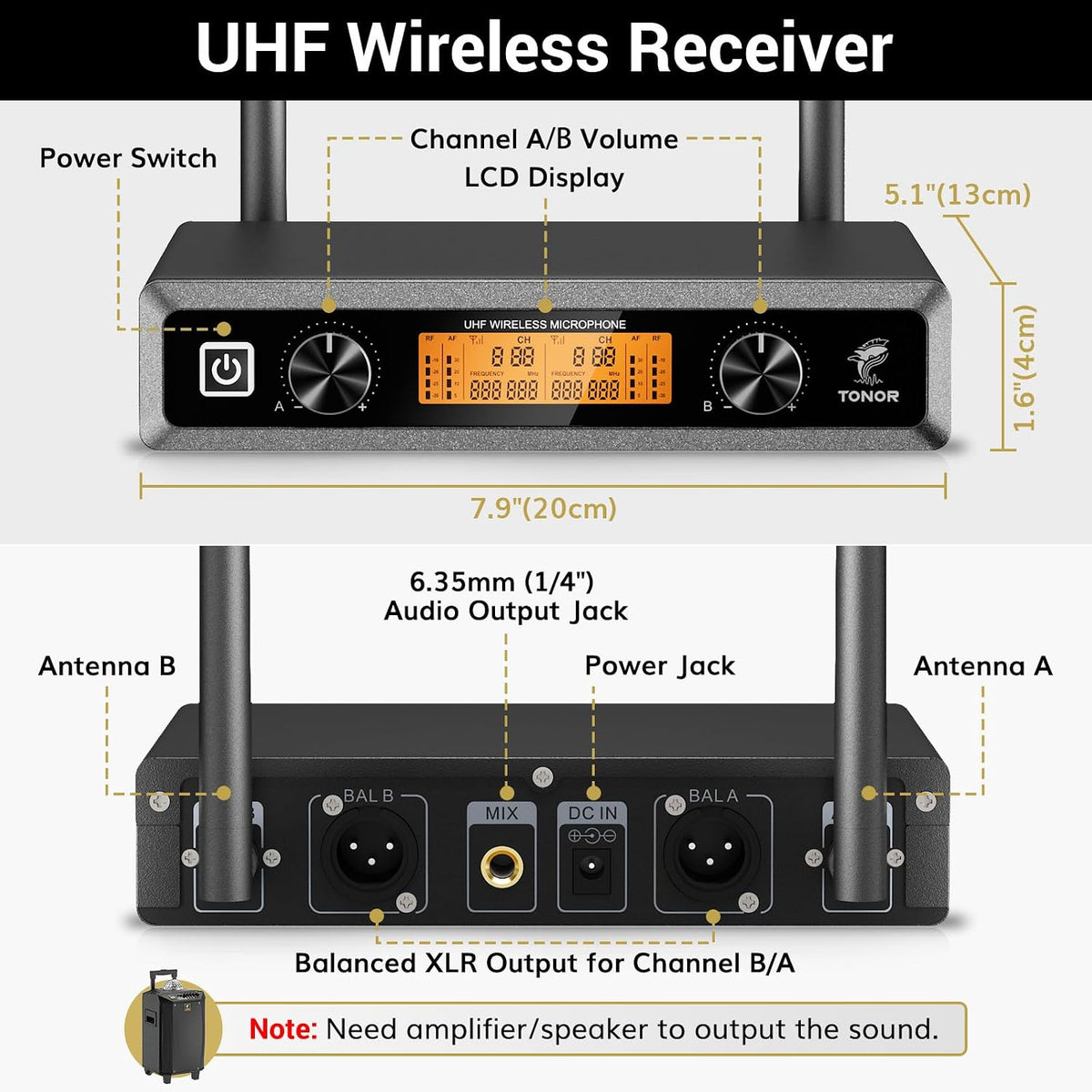Wireless Microphones Dual UHF Cordless Dynamic 60m Silver TONOR Professional