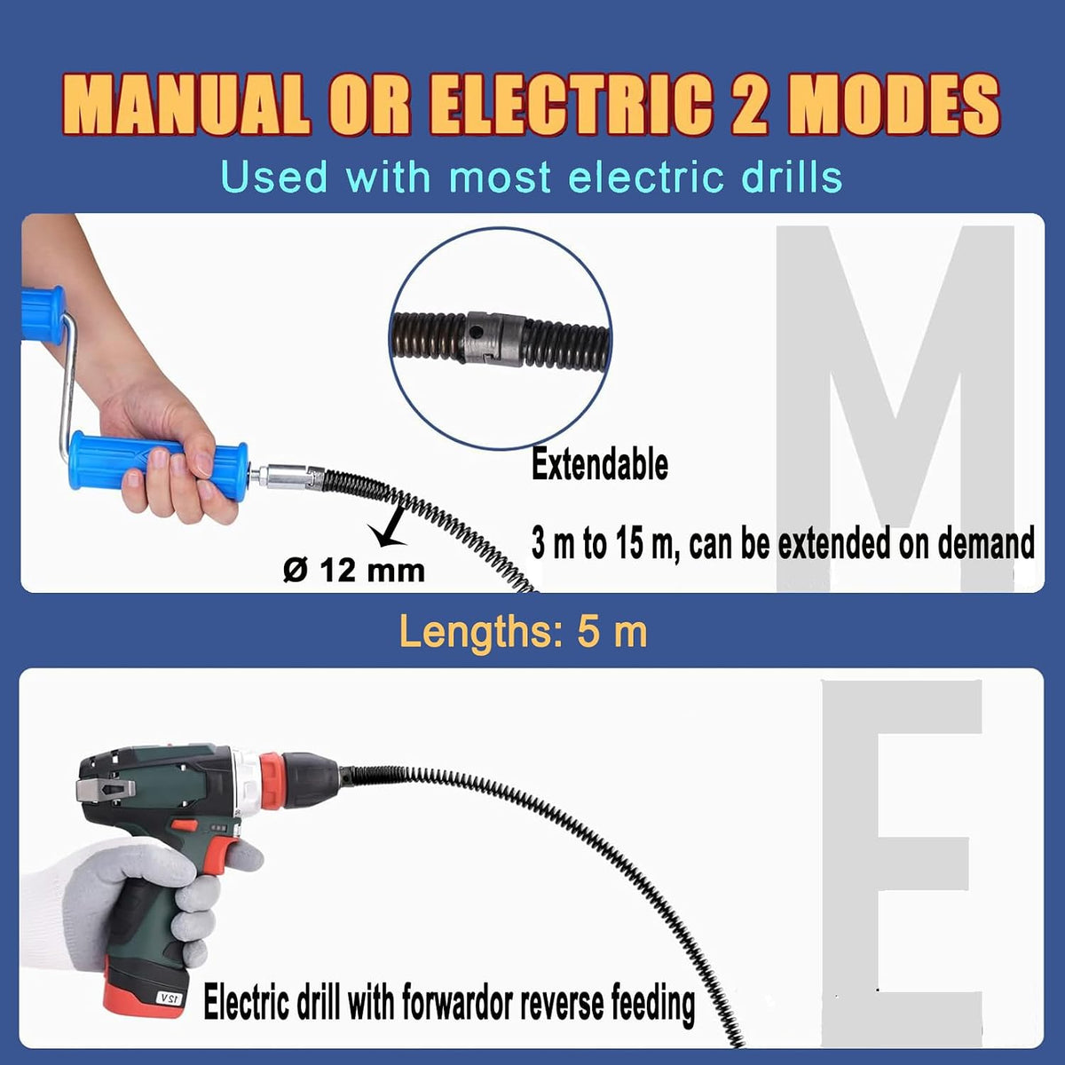 Pipe Cleaning Spiral 16.4ft 0.47in Drain Cleaner Cable 8 Cutter Heads 2 Sets Kit