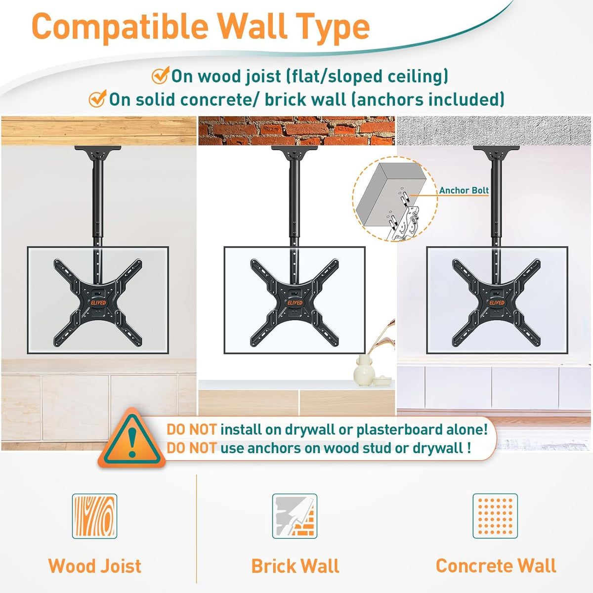 Ceiling TV Bracket 24-65 Inch Height Adjustable Full Motion ELIVED