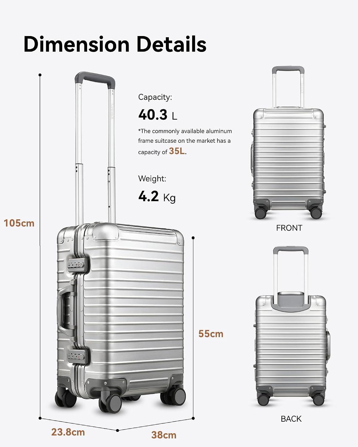 Aluminium Carry On Suitcase 55cm 40L TSA Lock 8 Spinner Wheels Silver Luggex