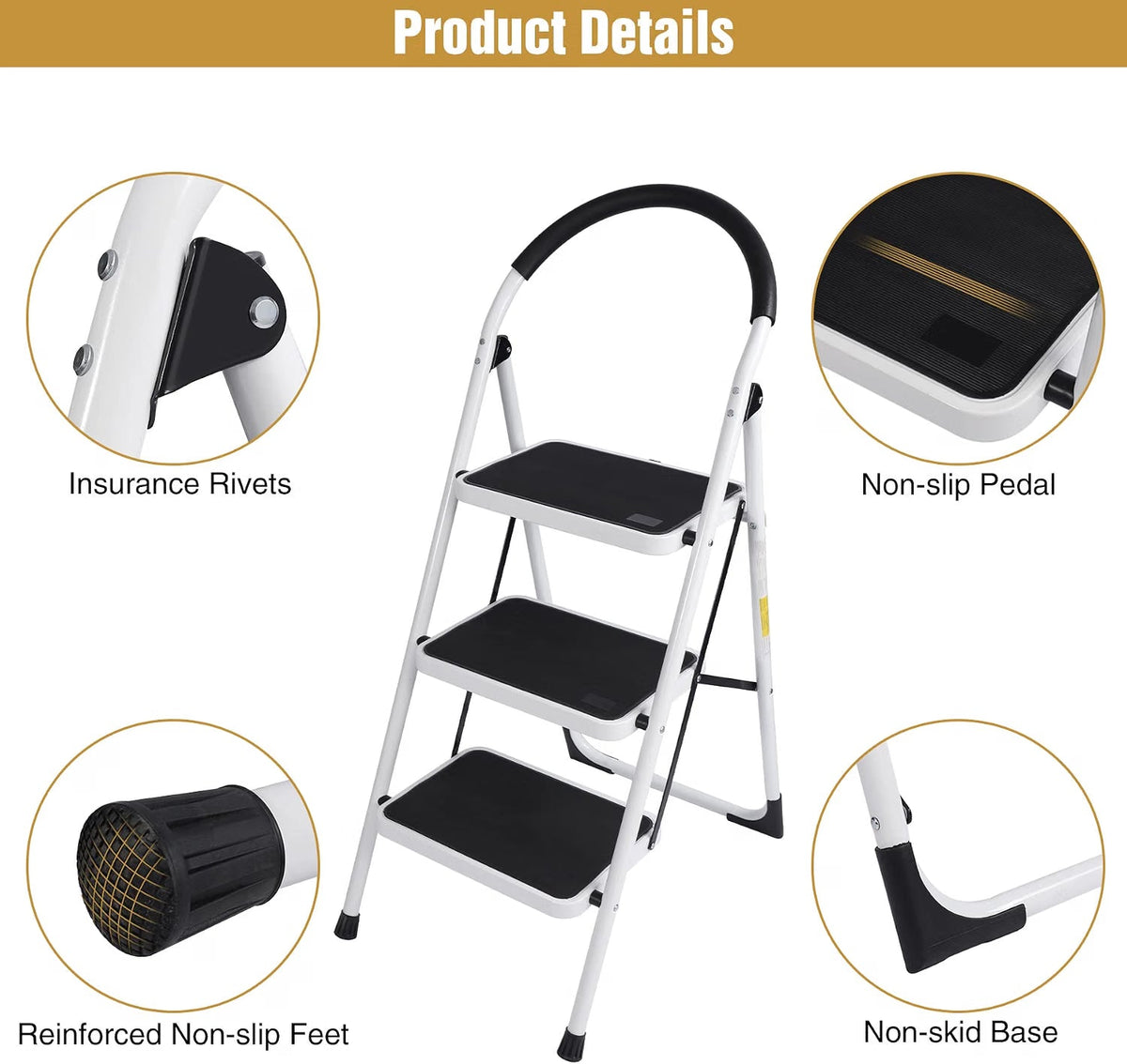 Folding Step Ladder 3 Step with Handrail Heavy Duty Kitchen Steps 330lbs REDCAMP