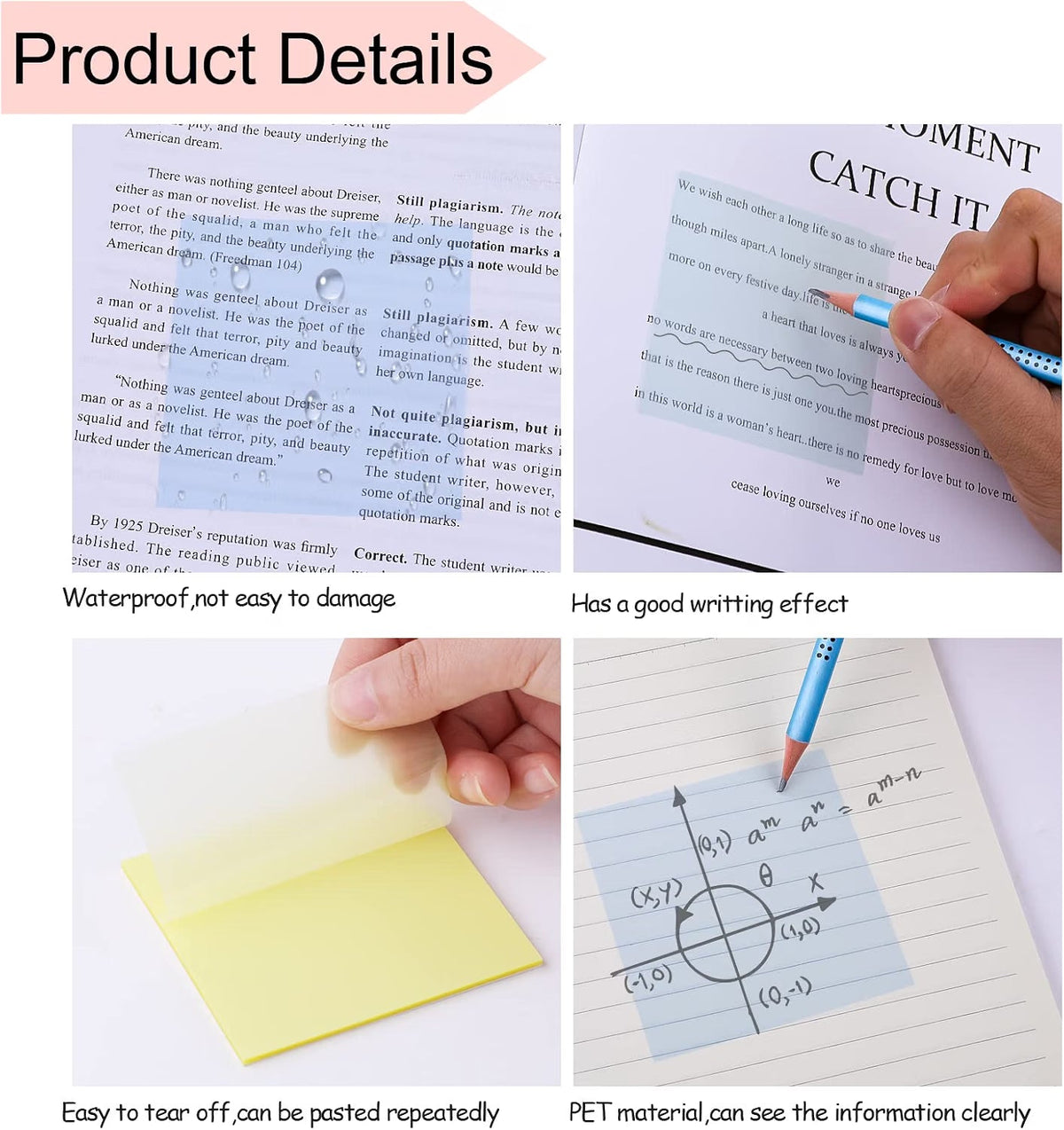 Transparent Sticky Notes 600 Sheets 95x70mm Clear See Through Notes Blue Yellow