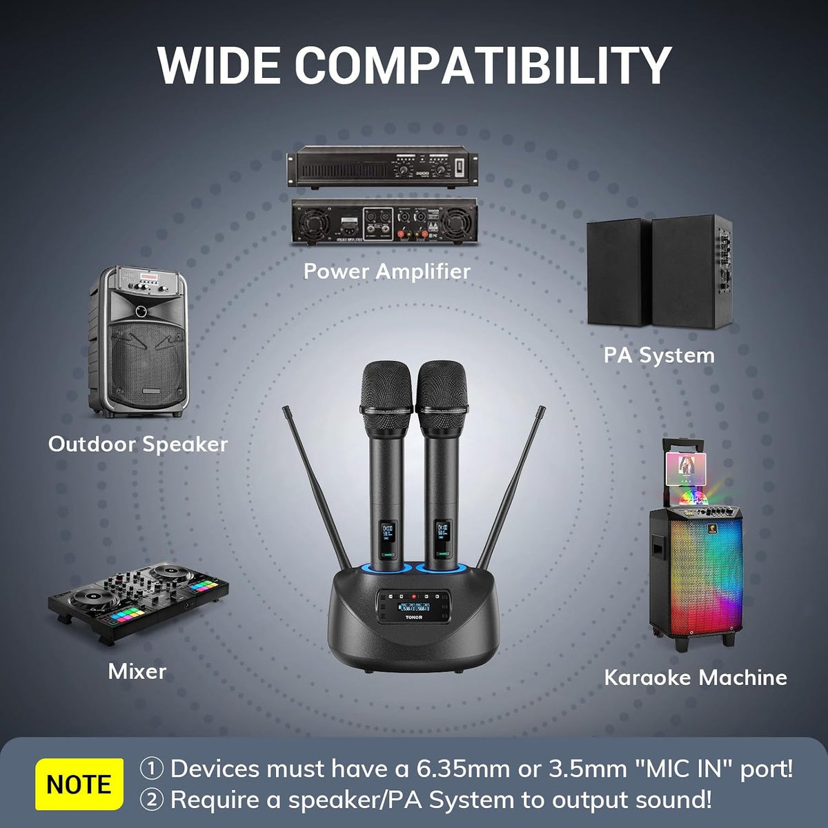 Wireless Microphone System UHF Rechargeable 80m Range Bluetooth TONOR Black