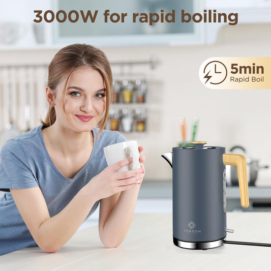 London Boutique Electric Kettle, Stainless Steel kettles Electric, Cordless Fast Boil Electric kettle with Wood Effect, Boil Dry Protection, Anti-Scale Filter, UK Strix Controller,3KW