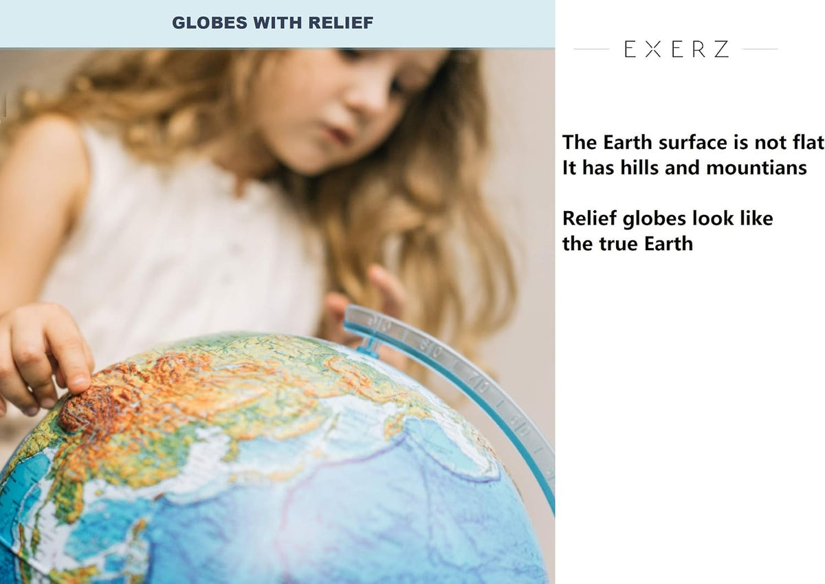 Educational Globe 25cm Relief World Map AR App Cordless LED Light Kids EXERZ