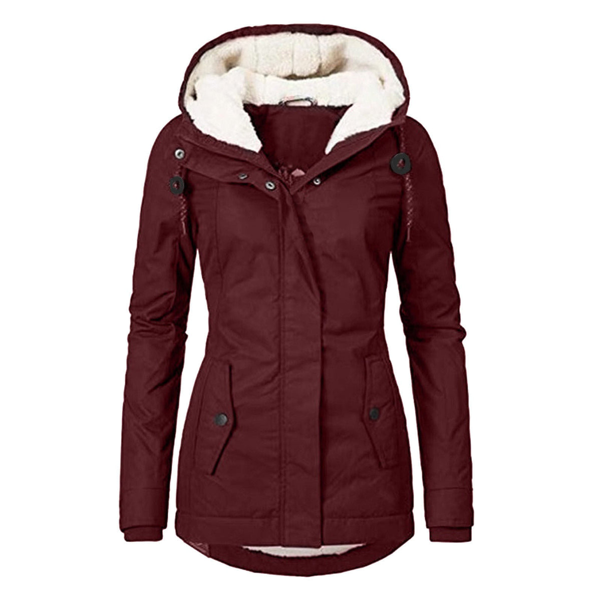 Winter Hooded Jacket Solid Color Warm Buckle Zip-up Fleece Jacket With Pockets Women's Casual Jacket