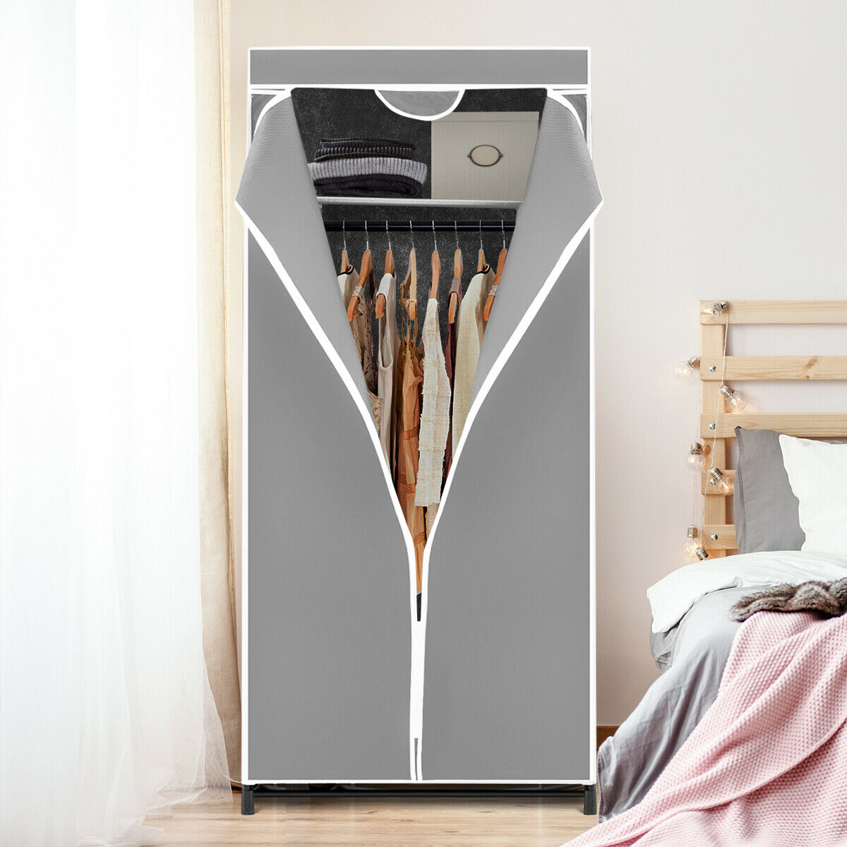 Single Canvas Wardrobe with Dust-proof Cover-Black