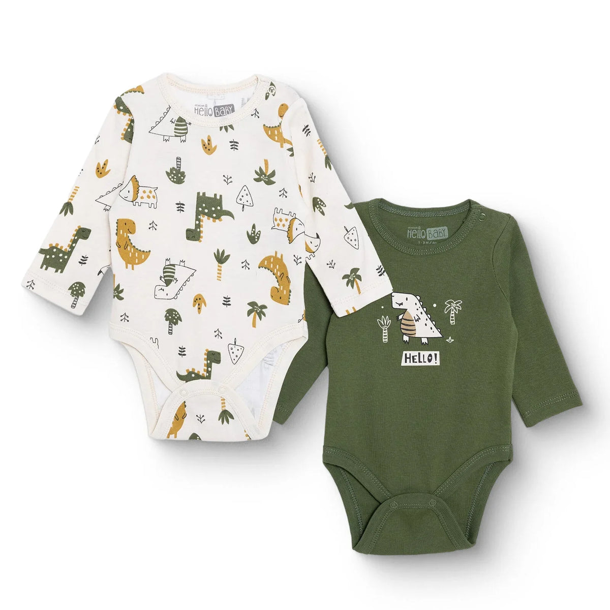 HelloBaby 2 Pack Dinosaur Print Long Sleeve Baby Bodysuits (1-3 Months to 2-3 Years)