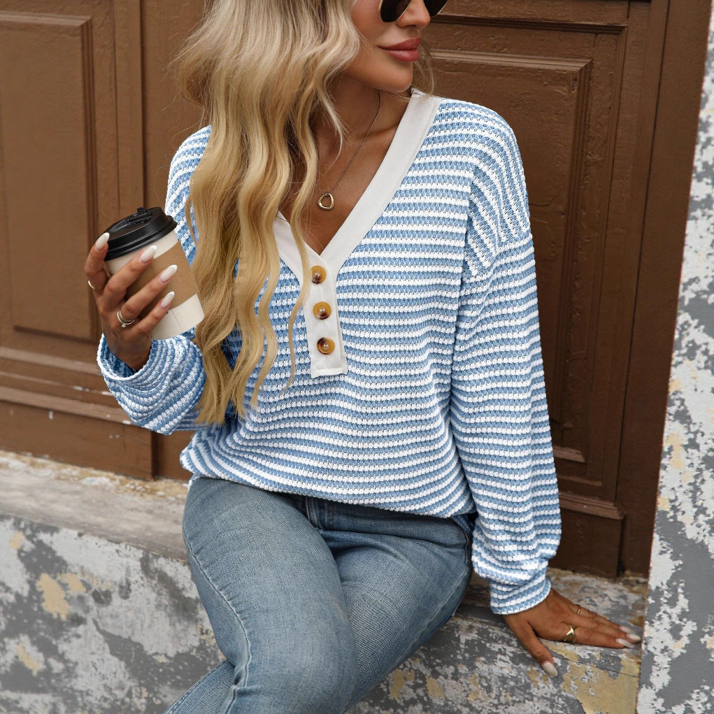 Women's V-neck Buttons Pullover Patchwork Casual Long-sleeved Top