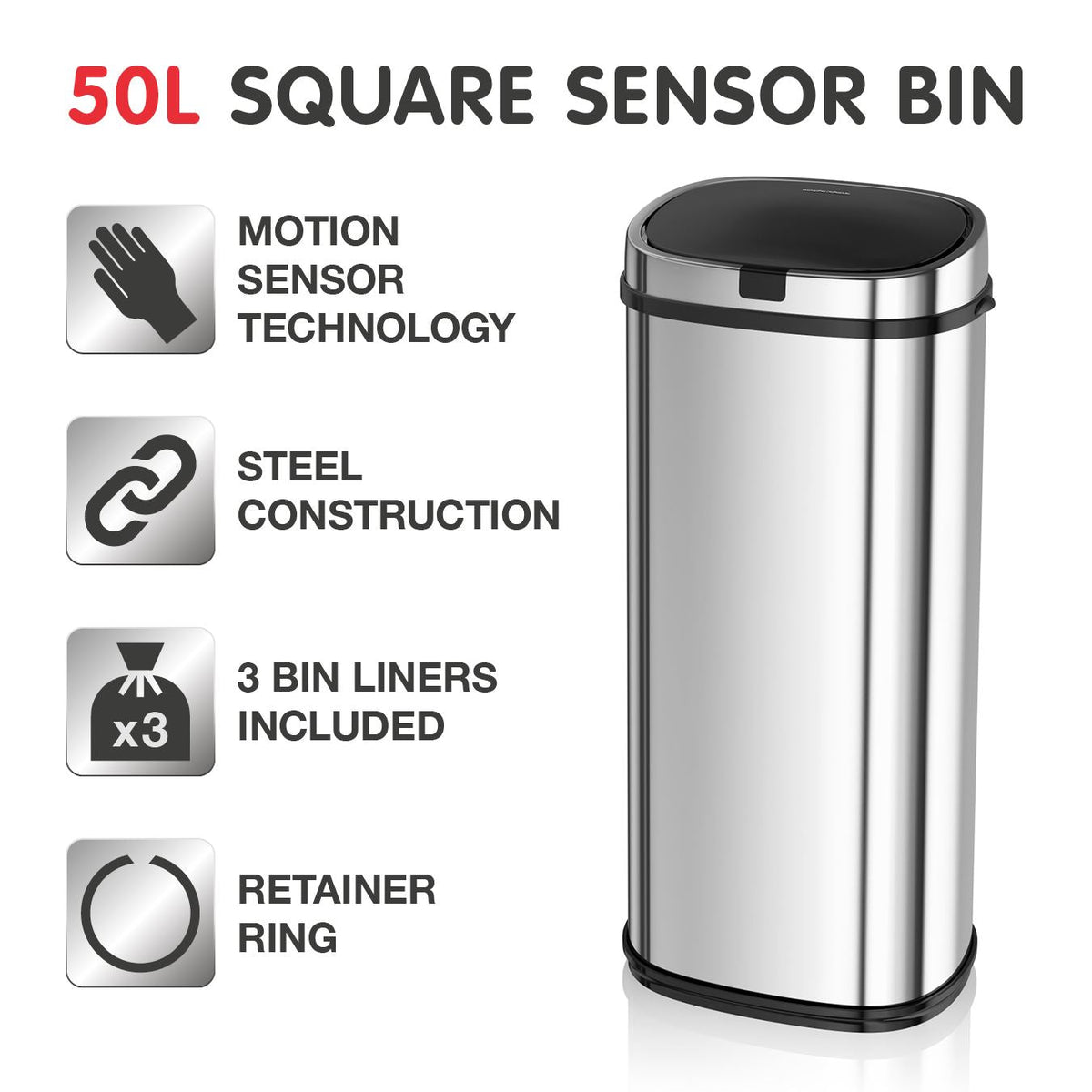 Morphy Richards Square Sensor Bin Stainless Steel 50L
