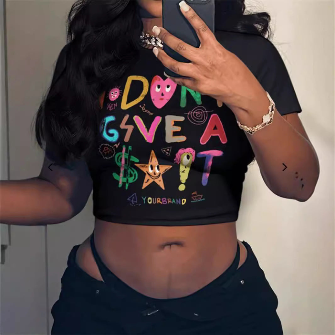 Women's All-match Letters Printed Solid Color Short Sleeve
