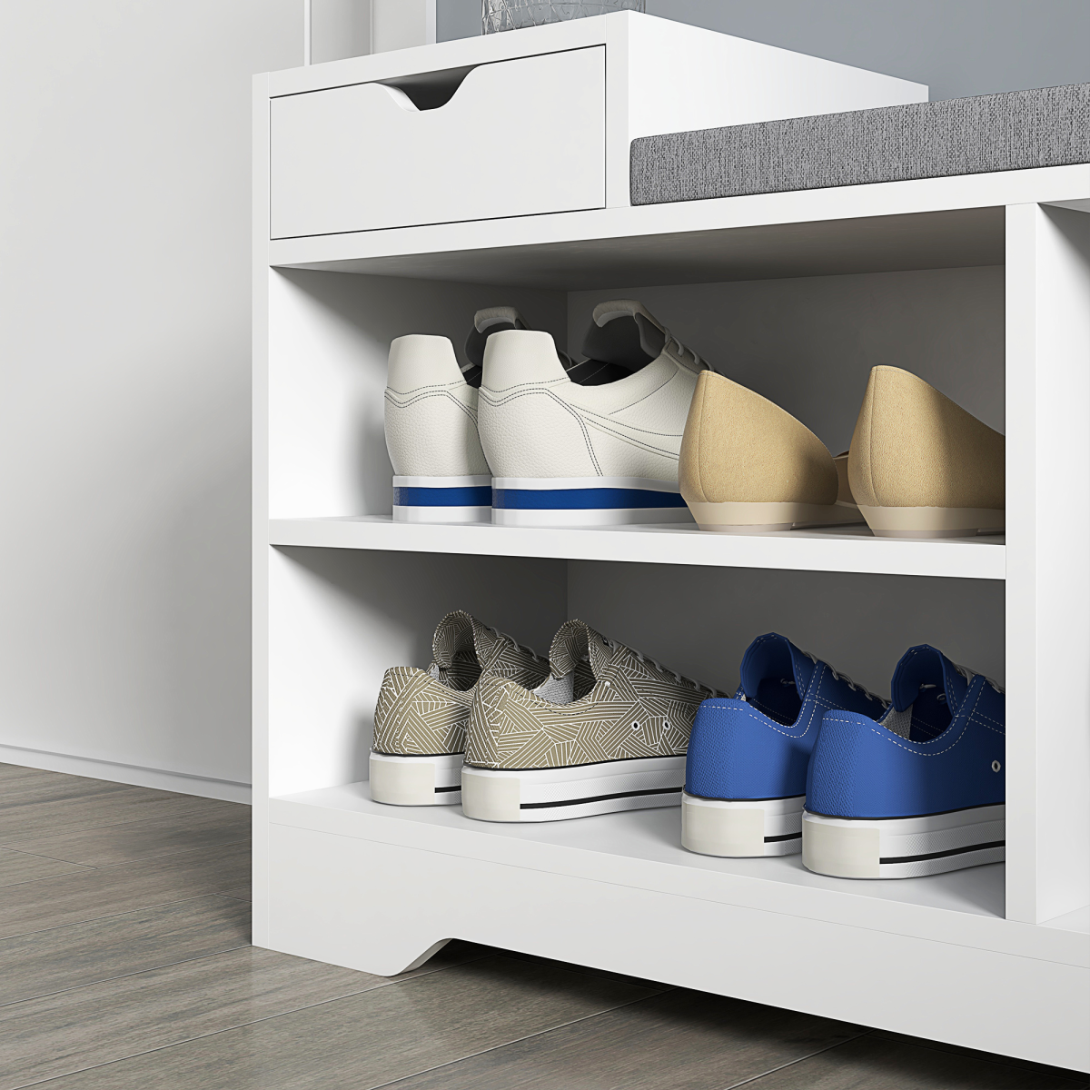 HOMCOM Upholstered Entryway Shoe Bench with Storage Drawer Open Shelf White