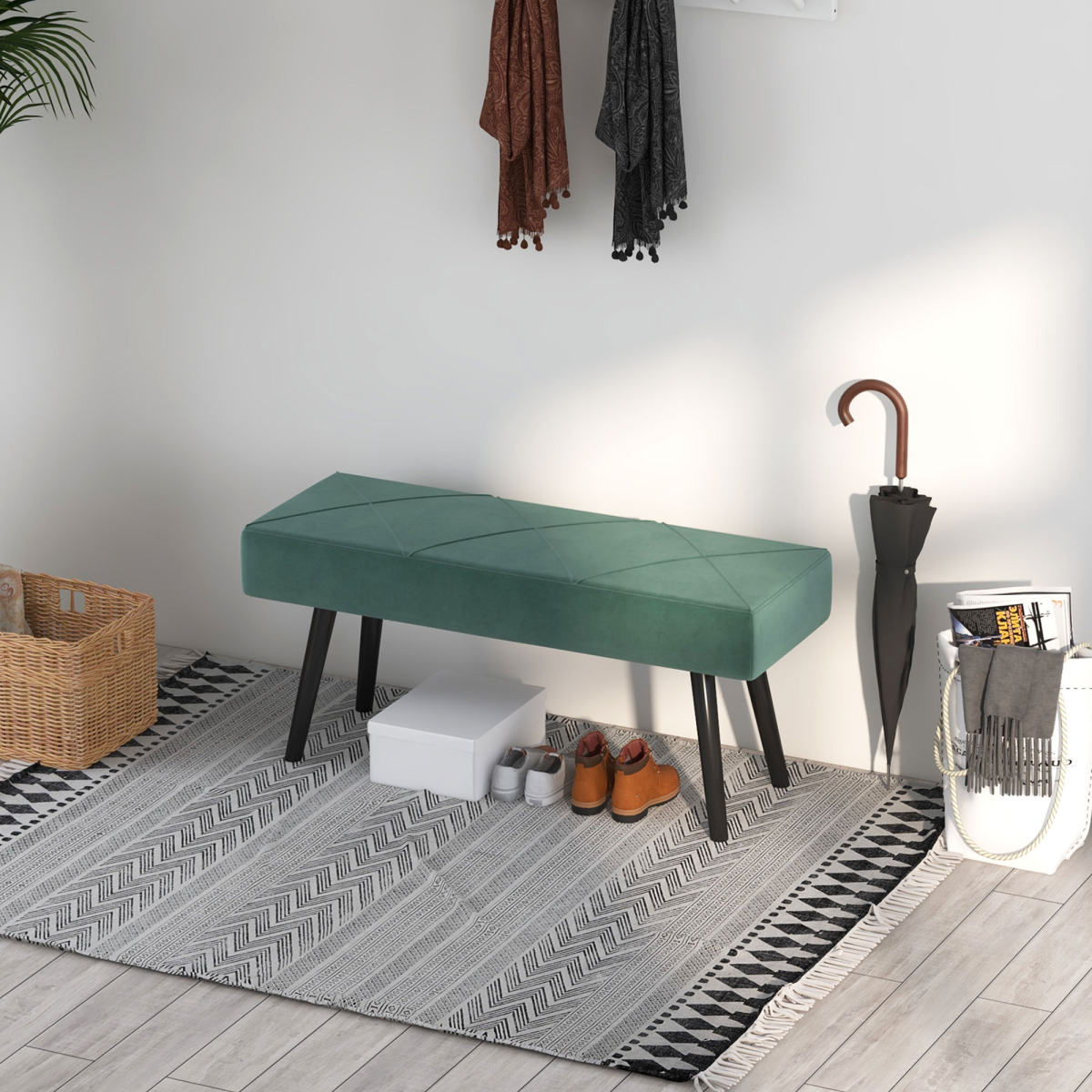 HOMCOM End of Bed Bench, Upholstered Hallway Bedroom with Steel Legs, Green