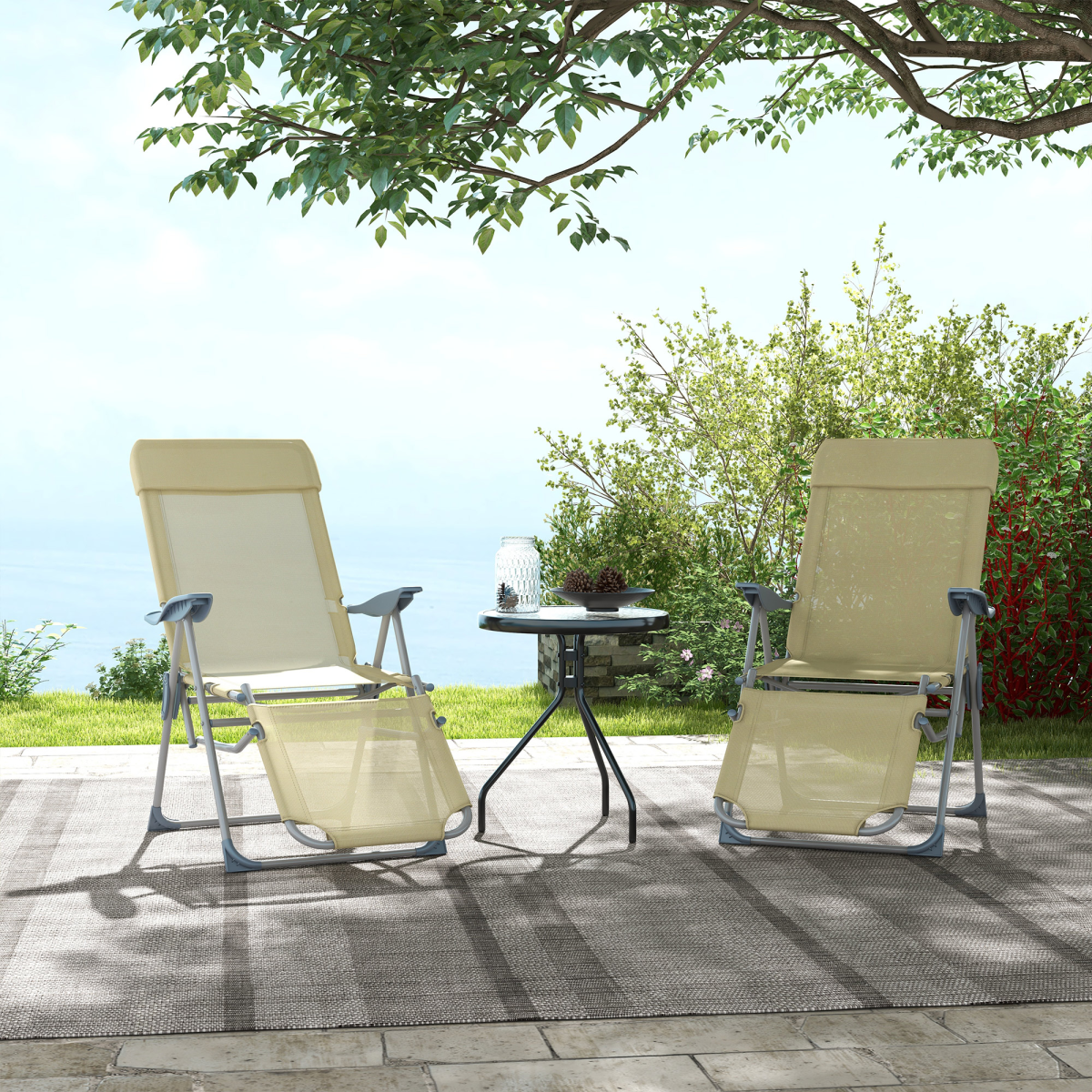 Outsunny Reclining Garden Chairs Set of 2 with 5-level Adjustable Backrest Beige