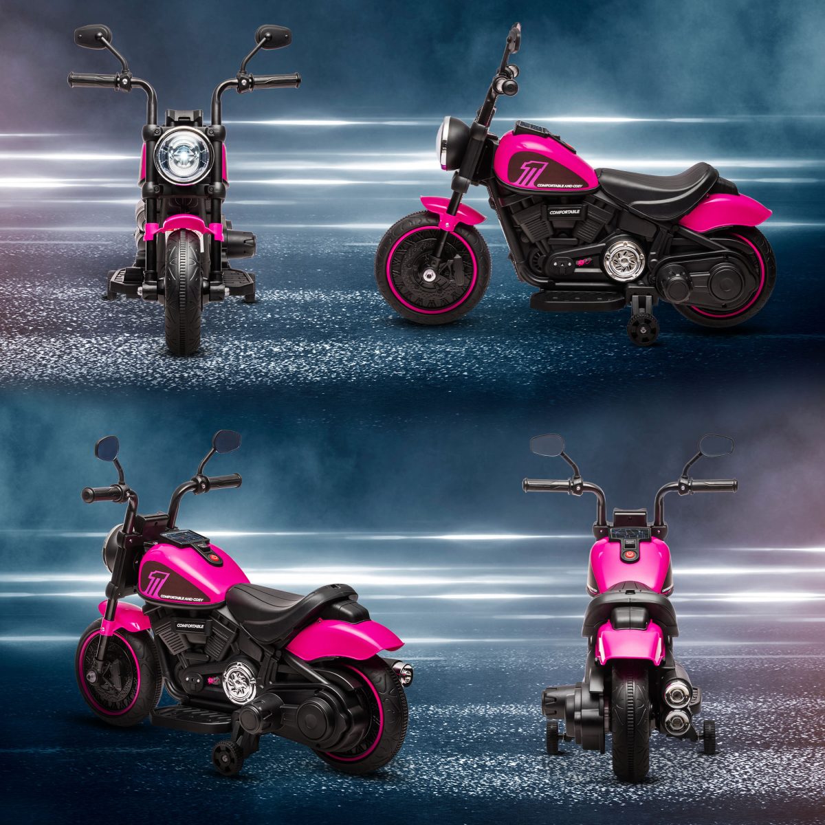 6V Electric Motorbike w/ Training Wheels, One-Button Start, Headlight - Pink