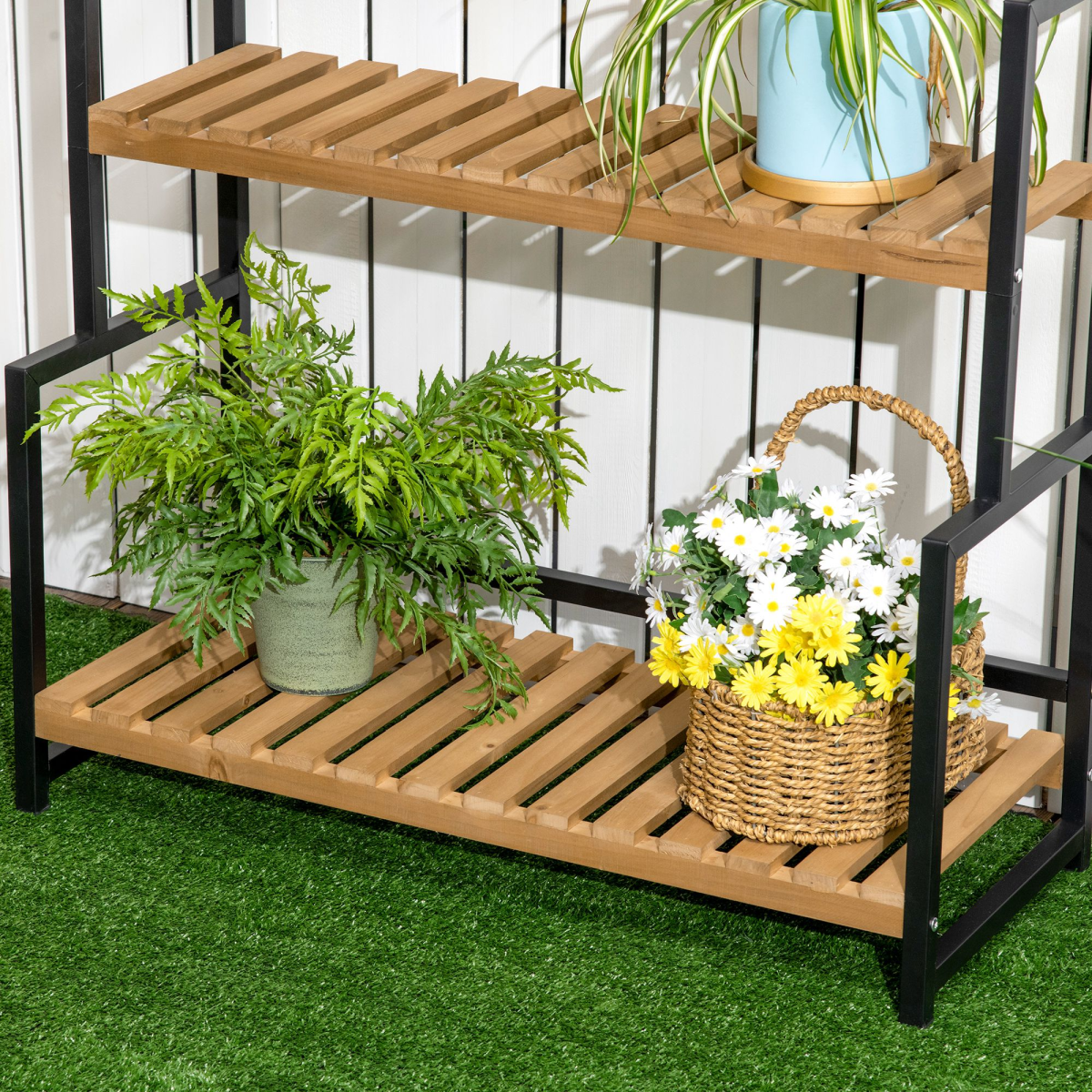3 Tiered Plant Stand Rack with Hanging Hooks for Indoor Outdoor Decoration