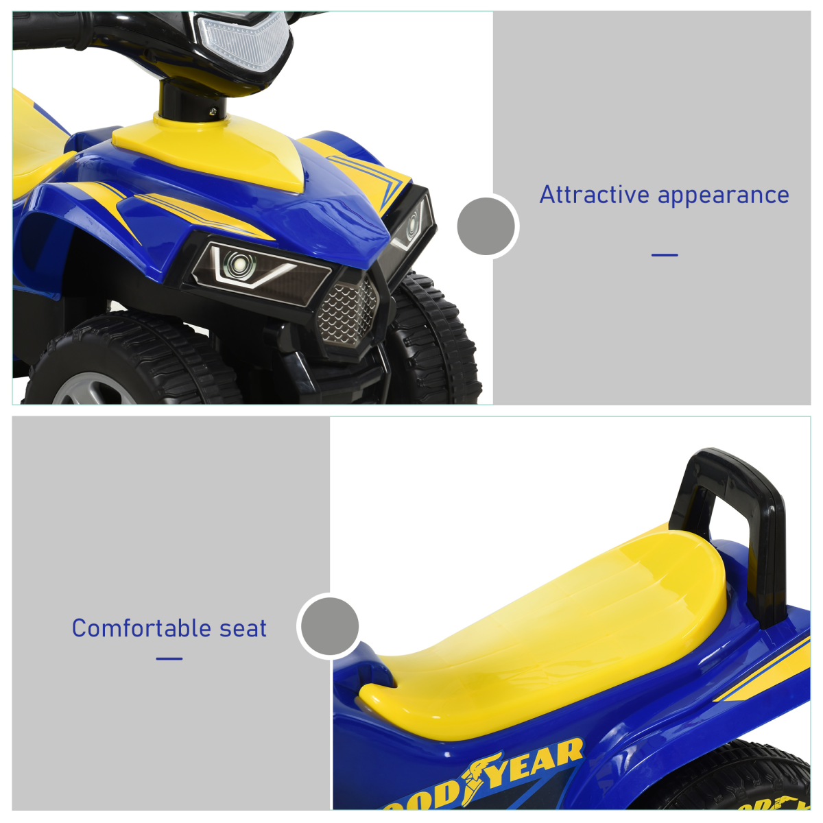 Goodyear Baby Quad Ride-On Walker w/ Lights Horn Storage 18-36 Months HOMCOM