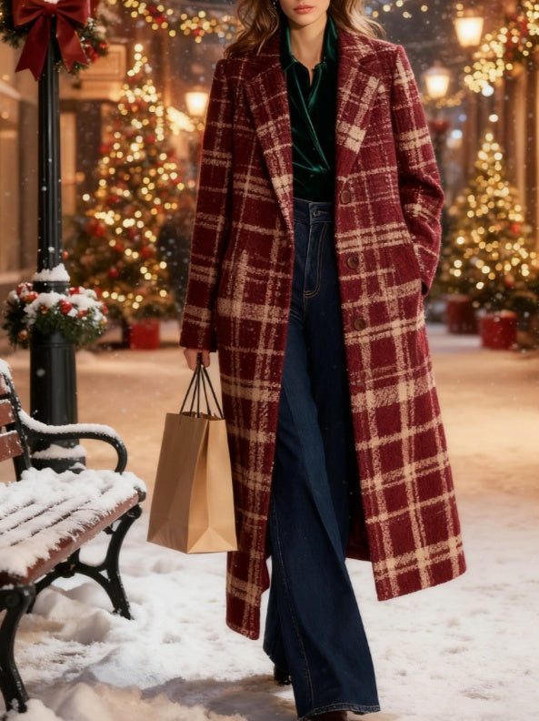 Plaid Casual Long Wool Coat